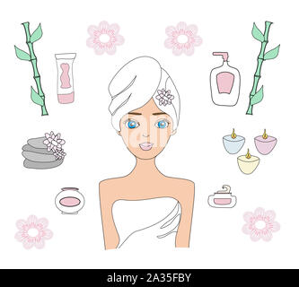 Schöne Frau spa Behandlung. Beauty und Wellness Symbole gesetzt Stockfoto