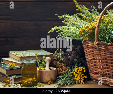 Frische und getrocknete Kräuter wiild: Absinth Wermut Pflanze, Rainfarn, getrocknete Johanniskraut, cllover und mifoil, sortiert auf der hölzernen Tisch, alte Möbel im Landhausstil Stockfoto