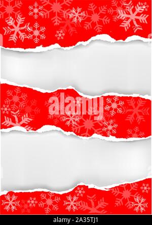 Red christmas background mit zerrissenem Papier und Schneeflocken. Vektor zur Verfügung. Stock Vektor