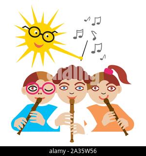 Kinder spielen auf der Flöte drei Kinder spielen auf der Flöte und die Sonne als Dirigent. Vector Illustration. Stock Vektor