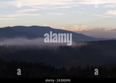 Blick auf den nebligen Schwarzwald im Herbst, Deutschland, bayern Stockfoto