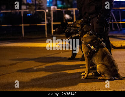 Berlin, Deutschland. 05 Okt, 2019. Polizisten mit Hunden Gesicht Demonstranten nicht weit von Rigaer Straße gegen eine Veranstaltung der rechtsextremen Vereinigung Pegida aus München protestieren. Credit: Paul Zinken/dpa/Alamy leben Nachrichten Stockfoto