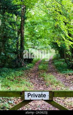 Private Zeichen auf ein Tor vor einem Pfad durch den Wald in West Sussex. Stockfoto