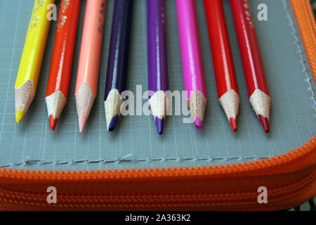 Stifte in verschiedenen Farben. Bunte Wachsmalkreiden. Die Vorschule. Stockfoto