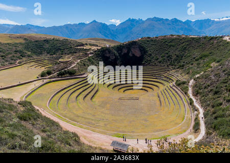 Heilige Tal, Peru - 21.05.2019: Die große Inca konzentrischen Landwirtschaft ring Terrassen von Moray, Peru. Stockfoto