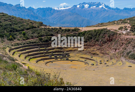 Heilige Tal, Peru - 21.05.2019: Die große Inca konzentrischen Landwirtschaft ring Terrassen von Moray, Peru. Stockfoto