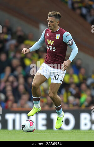 Norwich, UK. 04 Okt, 2019. Jack Grealish von Aston Villa In der Premier League Match zwischen Norwich City und Aston Villa an der Carrow Road am 5. Oktober 2019 in Norwich, England. (Foto von Matt Bradshaw/phcimages.com) Credit: PHC Images/Alamy leben Nachrichten Stockfoto