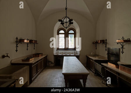 Schloss Neuschwanstein, Deutschland. 8. August, 2019. Küchen von Schloss Neuschwanstein von König Ludwig II., in Schwangau, Bayern, Deutschland, in der Nähe von Füssen entfernt. Stockfoto