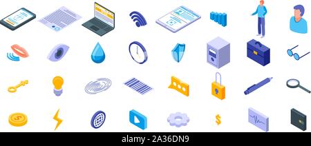Biometrische Authentifizierung Symbole gesetzt, isometrische Stil Stock Vektor