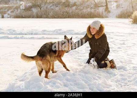 Stilvolle Kerl Spaziergang mit dem Hund. Spaß im Schnee spielen im Freien. Spielerische. Tierliebhaber. Deutscher Schäferhund genießen Sie die Freiheit. Freunde zusammen. Lustige e Stockfoto