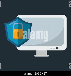 Monitor, Schild, Vorhängeschloss für Computer Security system Konzept Vector Illustration Stock Vektor