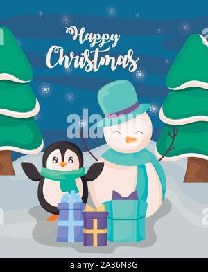 Frohe Weihnachten Label mit Pinguin und Schneemann auf Winterlandschaft Vector Illustration Design Stock Vektor