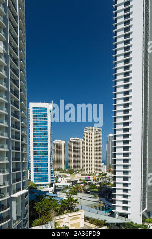 Hochhäuser und Hotels in Surfers Paradise (einschließlich der Chevron Renaissance, Hilton Hotel und Mantra Circle on Cavill) an der Gold Coast von Q Stockfoto