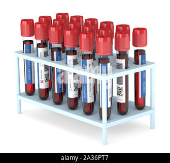 3D-Render von Blutproben mit Herpes Test im Rack auf weißem Hintergrund Stockfoto