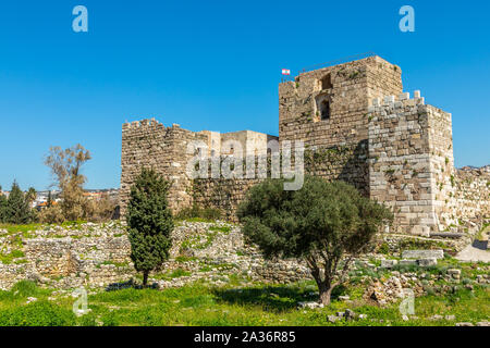 Crusader Gibelet alten Burgmauern und Türme in Byblos, Libanon Stockfoto