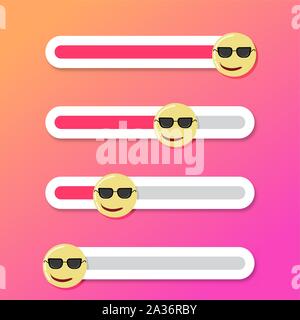 Ernst und zuversichtlich Lächeln Schieberegler fo mobile App. Vector gelb emoji Indikator für die Nachricht in der Geschichte, um den Schieberegler auf Foto post illustratio Stock Vektor