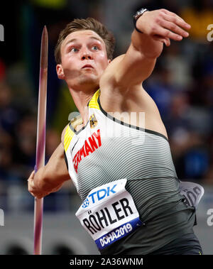 Doha, Katar. 5. Okt, 2019. Thomas Rohler Deutschland konkurriert beim Speerwerfen der Männer Qualifikation bei der IAAF Leichtathletik WM 2019 in Doha, Katar, Okt. 5, 2019 werfen. Credit: Wang Lili/Xinhua/Alamy leben Nachrichten Stockfoto