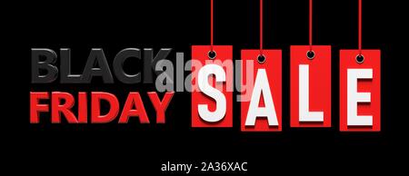 Schwarzer Freitag Verkauf. Verkauf Buchstaben auf rotem Geschenkanhänger auf schwarzem Hintergrund, Banner. 3D-Darstellung Stockfoto