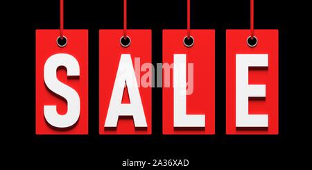 Schwarzer Freitag Verkauf. Verkauf Buchstaben auf rotem Geschenkanhänger auf schwarzem Hintergrund isoliert. 3D-Darstellung Stockfoto
