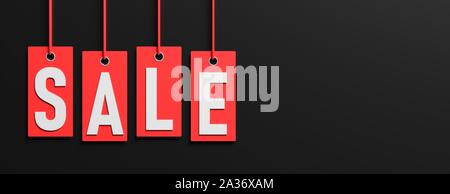 Schwarzer Freitag Verkauf. Verkauf Buchstaben auf rotem Geschenkanhänger auf schwarzem Hintergrund, Banner, isoliert, kopieren. 3D-Darstellung Stockfoto