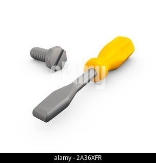 3D-Darstellung der Schraubendreher und Schrauben auf weißem Hintergrund. Reparatur und Wartung Konzept. Stockfoto