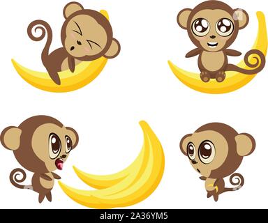 Eingestellt von Cartoon lustig Affen mit Big Banana in verschiedenen Ausdrucksformen und Posen. Stock Vektor