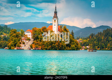 Atemberaubende touristischen und Exkursion im Herbst. Spektakulär und majestätischen Lake Bled mit berühmten Wallfahrtskirche auf der kleinen Insel, Bled, Slowenien Stockfoto