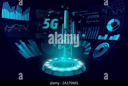 3d Basisstation Empfänger. Telekommunikationsturm 5g polygonal HUD Anzeige globale Verbindung Informationen Sender. Mobilfunk-Funkantenne Stock Vektor