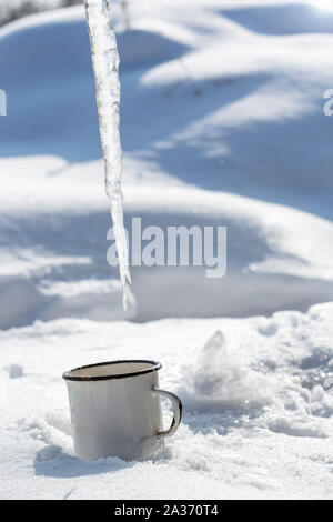 Wassertropfen aus einem Schmelzen transparente Eiszapfen fallen in eine Tasse, die auf dem Schnee steht, inmitten Schneeverwehungen, im Frühjahr sonnigen Tag. Stockfoto