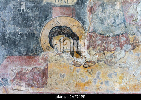 Antike Fresko von Jesus Christus an der Wand in einem christlichen Tempel. Das Orthodoxe Christentum. Stockfoto