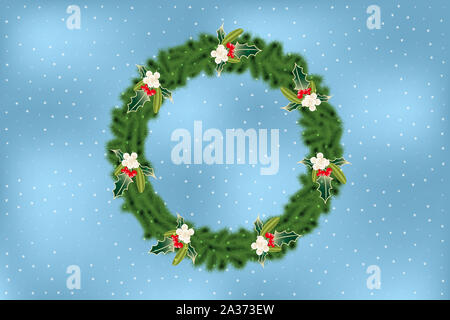 Retro Christmas Wreath - von tannenzweigen, Mistel und Holly auf Schaumwein hellblauer Hintergrund mit transparenten Schneeflocken und Platz für Text Stockfoto