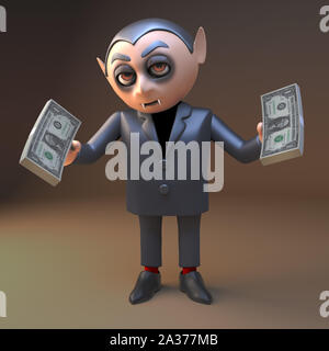 3d cartoon Vampir Dracula Charakter holding Bündel von Dollar Bargeld, 3d-Grafik rendern Stockfoto