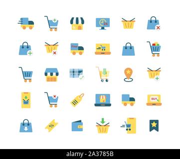Online Shopping flachbild Icon Set. Vektor und Illustration. Stock Vektor