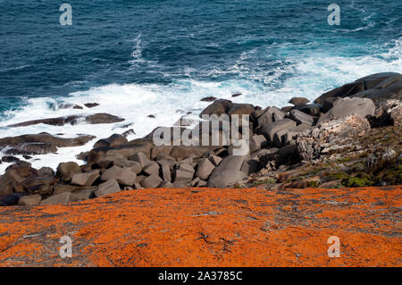 Kangaroo Island, Australien, Blick von der Remarkable Rocks über Flechten bedeckt Felsbrocken zu Küste Stockfoto