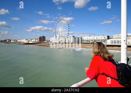 Das große Riesenrad auf Worthing Seafront ab der Anlegestelle an einem sonnigen Sommertag gesehen, West Sussex England Großbritannien Stockfoto