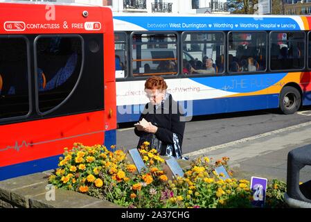 Eine einzelne ältere Dame neben einem über ein smart phone-Bus, auf Worthing Seafront Sussex England Großbritannien Stockfoto