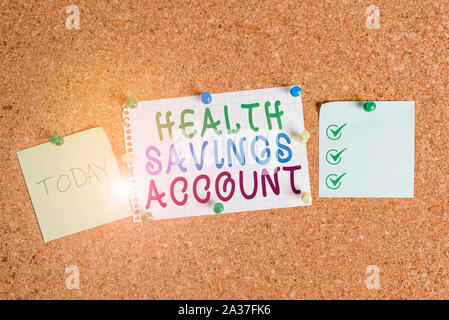 Handschrift text Health Savings Account. Konzeptionelle foto Benutzer mit hohen Selbstbehalt Krankenversicherung Pinnwand Farbe Größe Papier Stift reißnagel Stockfoto