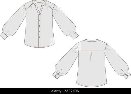 Mode Technische Skizze des Bluse mit Bündchen in Vektorgrafik Stock Vektor