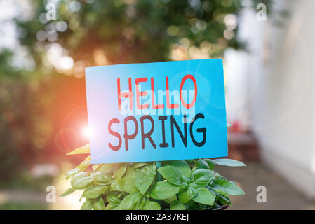 Schreiben Hinweis angezeigt Hallo Frühling. Business Konzept für begrüßte die Saison der blühenden Blumen Ende des Winters Normalpapier verbunden zu bleiben Stockfoto