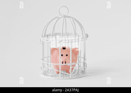 Piggy Bank geschlossen in einem Käfig auf weißem Hintergrund - Begriff der Einsparungen blockiert Stockfoto