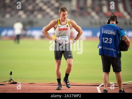 Doha, Katar. 05 Okt, 2019. Thomas ROEHLER (Röhler) (Deutschland) enttäuscht. Qualifikation Speerwerfen der Männer, am 05.10.2019 Wm 2019 in Doha/Katar, vom 27.09. - 10.10.2019. | Verwendung der weltweiten Kredit: dpa/Alamy leben Nachrichten Stockfoto