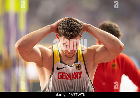 Doha, Katar. 05 Okt, 2019. Andreas Hofmann (Deutschland) enttäuscht. Qualifikation Speerwerfen der Männer, am 05.10.2019 Wm 2019 in Doha/Katar, vom 27.09. - 10.10.2019. | Verwendung der weltweiten Kredit: dpa/Alamy leben Nachrichten Stockfoto