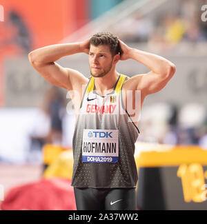 Doha, Katar. 05 Okt, 2019. Andreas Hofmann (Deutschland) enttäuscht. Qualifikation Speerwerfen der Männer, am 05.10.2019 Wm 2019 in Doha/Katar, vom 27.09. - 10.10.2019. | Verwendung der weltweiten Kredit: dpa/Alamy leben Nachrichten Stockfoto