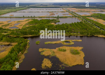 Luftaufnahme der abgebrochenen Fischteiche. Natur zurück. Stockfoto