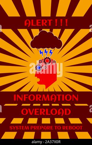 Spaß cyberpunk Poster. Warnung!!! Information Overload. System vorbereiten zu starten. Über sunburst Hintergrund Stock Vektor
