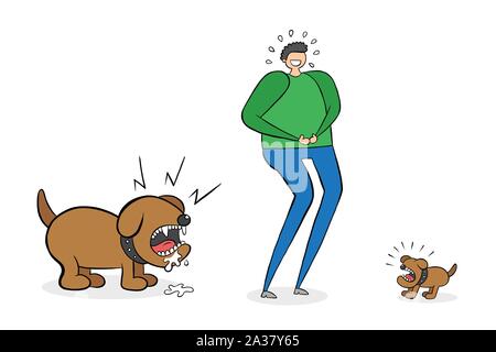 Mann lachenden kleinen Hund, aber er ist nicht der große Hund sehen, hinter ihm. Sie 'il schreien werden in Angst. Vector Illustration. Schwarzen umrissen, farbige und weiße Bac Stock Vektor