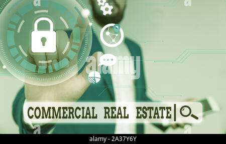 Text Zeichen zeigen, kommerzielle Immobilien. Business Foto text Rendite-immobilie Gebäude oder Grundstücke für geschäftliche Zwecke männlichen menschlichen Verschleiß formale Arbeit Anzug p Stockfoto