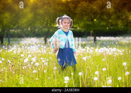 Kleines Mädchen mit einem Löwenzahn in den Händen auf den grünen Bereich. Sommer wiese Kind Stockfoto