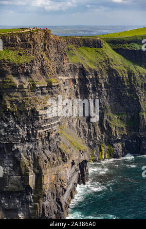 Die Cliffs of Moher, County Clare, Irland. Sie erreichen Ihre maximale Höhe von 214 m (702 ft) hier, Nördlich von O'Brien's Tower. Stockfoto