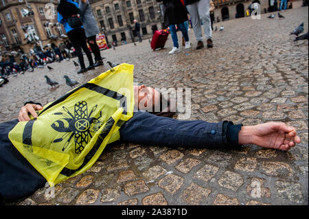 Ein Klima Aktivist legt auf dem Boden, während eine Flagge während der Leistung. Vor dem Internationalen Aussterben Rebellion Woche in Amsterdam, eine Gruppe von XR Aktivisten im Zentrum der Stadt versammelt, die Leute zu Erklärung der Klimakrise zu machen beginnt. Auch ein 'die-in-Aktion", die eine Gruppe von Menschen die Montage an einem Ort und fallen tot auf dem Boden, während Sie thematisch gekleidet und halten eine ausreichende Poster und Banner. Stockfoto